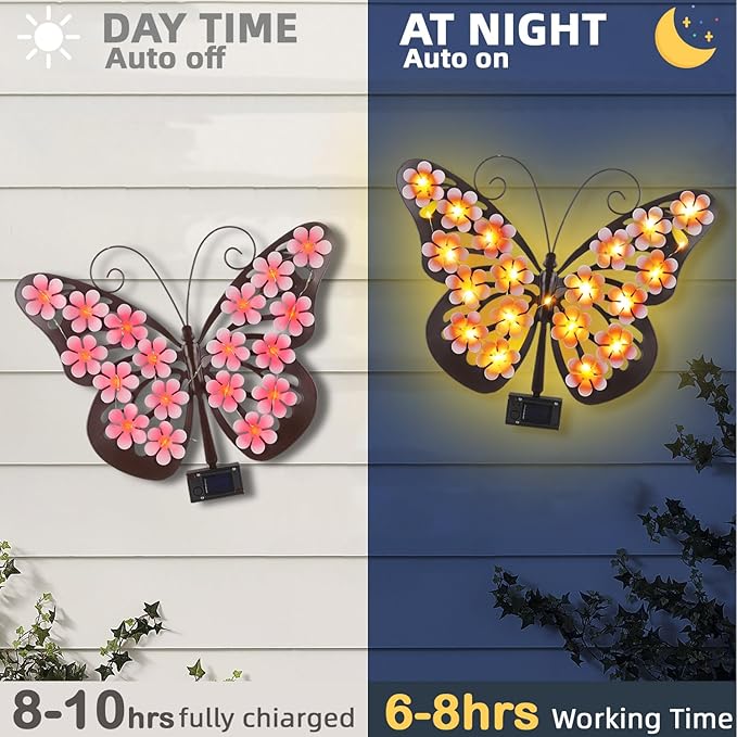 Solar Lights Outdoor Metal Butterfly Wall Decor with 30 Led - 13.5" Outdoor Fence Wall Art,Hanging Decoration for Garden Patio Porch Yard,Gifts for Women，Xmas Gifts for Mom Grandma
