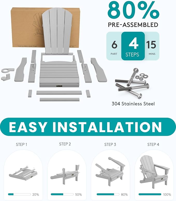 SERWALL Folding Adirondack Chair Set of 6 for Patio Garden Outdoors Fire Pit- Spanish Gray