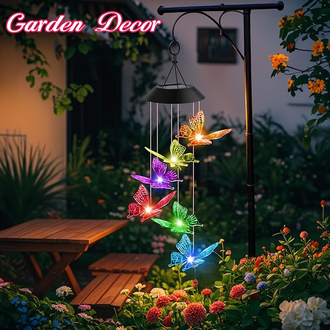 Valentines Day Gifts for Her Mom Grandma, Birthday Gardening Gifts for Women, Winzwon Solar Lights Outdoor Wind Chimes for Garden Yard Patio Porch Decor Hanging Butterfly Decorations