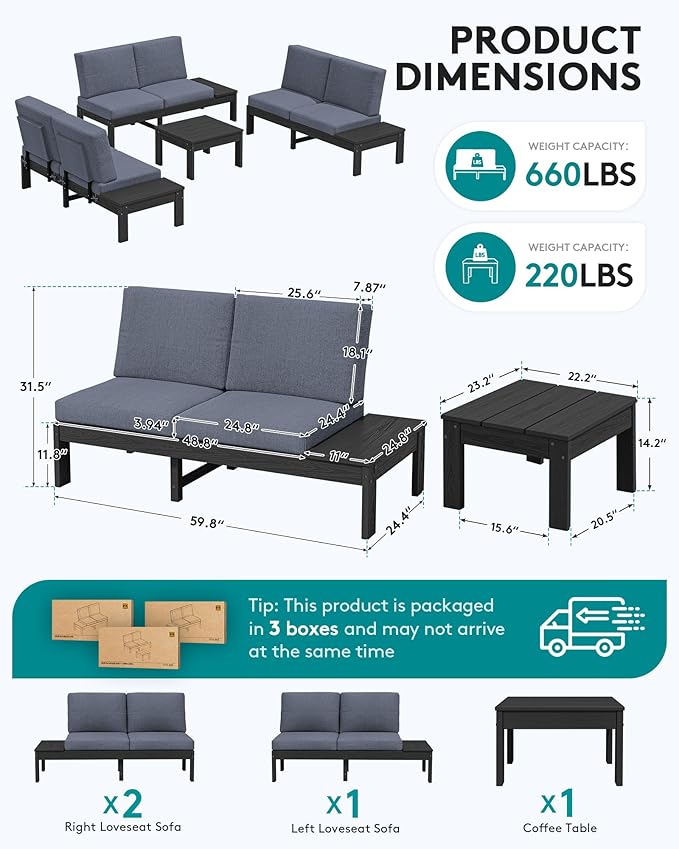 SERWALL HDPE Outdoor Furniture Set, 6 Seats Outdoor Sectional with Coffee Table, Outdoor Conversation Sets with Adjustable Backrest Sofa for Deck, Yard and Balcony, Black Frame with Grey Cushion