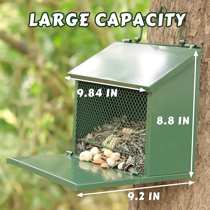 Metal Squirrel Feeder, Squirrel Feeders for Outside Hanging Nesting Box Chipmunk Picnic Table House Outdoors for Corn, Nut, Peanuts Green 1 Pack