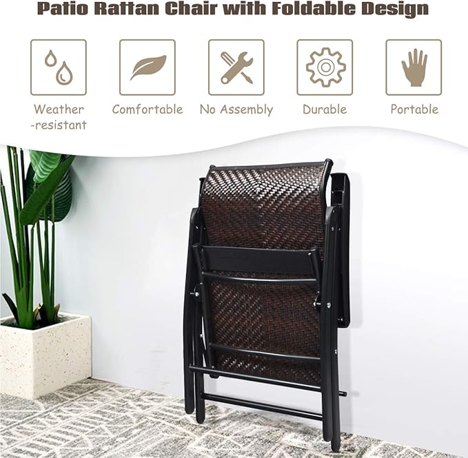 Tangkula Patio Rattan Folding Chair, Outdoor Wicker Portable Camping Chair with Widened Armrest, Foldable Chair with High Backrest for Garden Balcony Outdoor & Indoor (1)