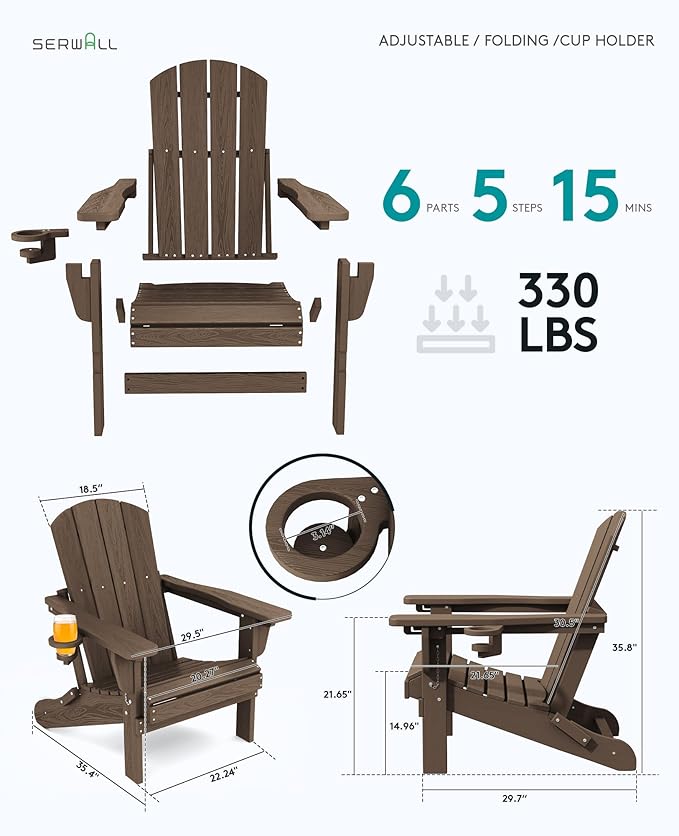 SERWALL Folding Adirondack Chair, Adirondack Outdoor Chair with Cup Holder, Adjustable Adirondack Chair with 3 Recline Positions, All Weather HDPE Outdoor Adirondack, Coffee