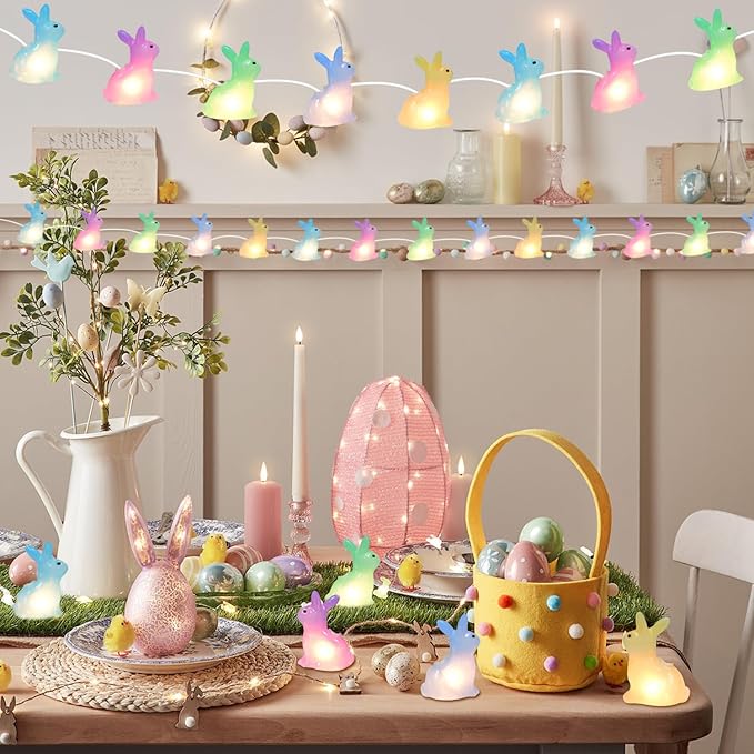 8.5FT Easter Decorations Bunny Lights, 10Pcs LED Pastel Easter Bunny Lights Plug in, Easters Light String for Spring Themed Party Garden Patio Easters Decorations Outdoor Indoor, White Wire