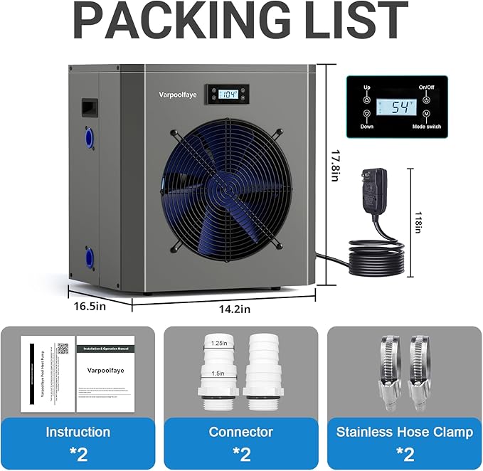 16000 BTU Swimming Pool Heat Pump 5000 Gallon Electric Pool Heater for Above Ground Pool 5KW Heating or Cooling WiFi Control Timer Pool Heater 120V 60Hz