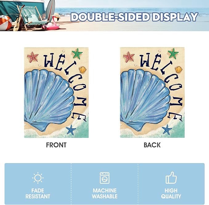 AVOIN colorlife Summer Coastal Beach Shell House Flag 28x40 Inch Double Sided, Welcome Seasonal Nautical Burlap Yard Outdoor Decoration