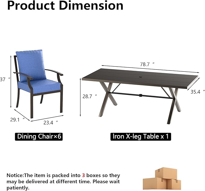 Kullavik 7 PCS Outdoor Dining Table Set for 6,Fence Pattern Back Chairs,Iron Longboard X-Leg Table w/Parasol Hole,Patio Furniture Set for Backyard,Garden,Poolside-Navy Blue