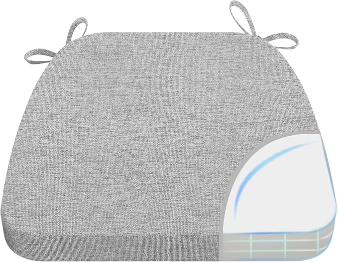 AAAAAcessories D-Shaped Chair Cushions, 2" Thick Dining Chair Pads with Ties and Removable, Machine-Washable Cover, 17" x 16", Light Gray