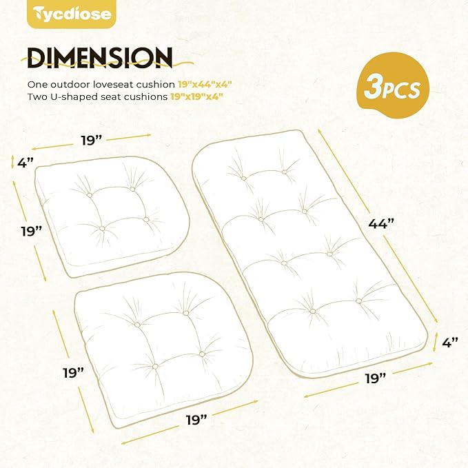 All Weather Outdoor Wicker Chair Cushions of 3 Pieces, Waterproof Outdoor Wicker Chair Cushion for Patio Furniture Loveseat Settee Bench, 1 Loveseat and 2 U-Shaped Thickened Cushions, Cream