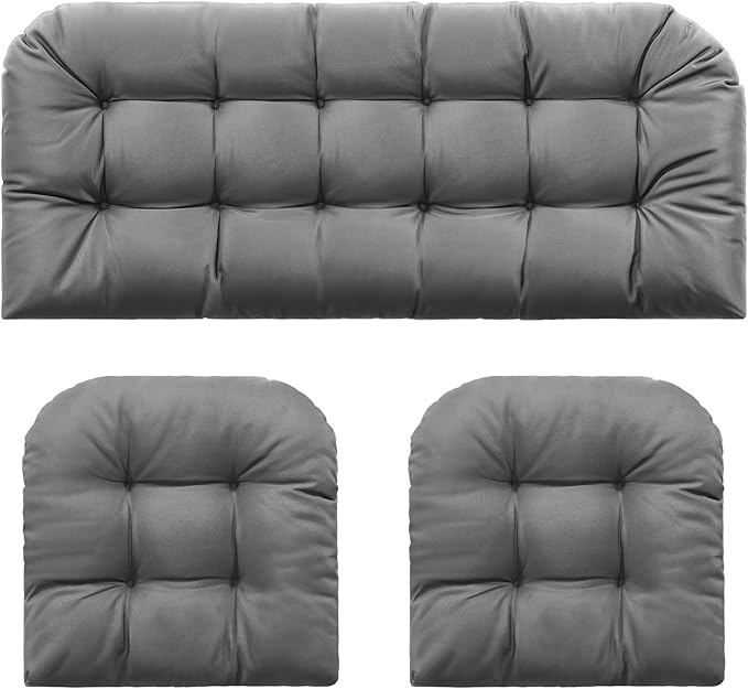 Barydat 3 Pack Wicker Furniture Cushions Waterproof Outdoor/Indoor Tufted Wicker Chair Cushions 1 Loveseat and 2 U-Shape Rattan Chairs for Patio Furniture, Rattan Love Seat, Bench(Gray)