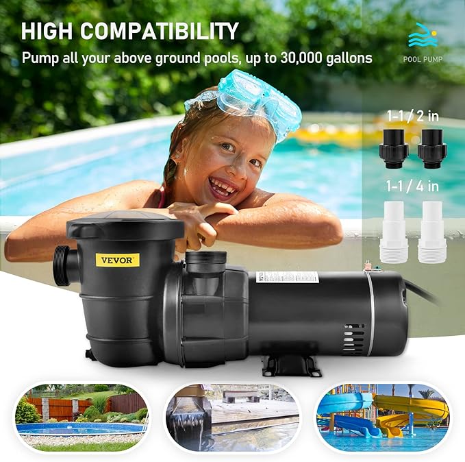 VEVOR Swimming Pool Pump, 2.0HP 115 V, 1500 W Single Speed Pumps for Above Ground Pool w/Strainer Basket, 5400 GPH Max. Flow, Certification of ETL for Security
