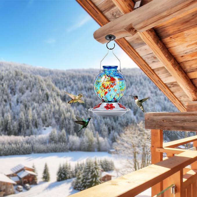 Hummingbird Feeder, BOLITE Glass Hummingbird Feeders for Outdoors Hanging, Hand Blown, with Ant Moat and Five Feeding Ports, Meshy Texture Ball Shape Bottle, 20 Ounces, Blue, Gifts for Women Men