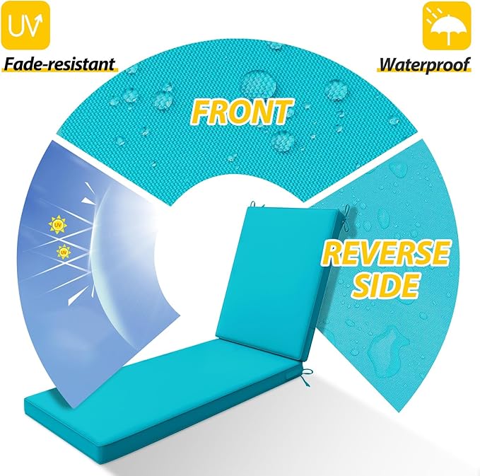 AAAAAcessories Outdoor Chaise Lounge Cushions, Waterproof, Fade-Resistant Patio Furniture Replacement Cushions, 72" x 21" x 3", Turquoise Blue