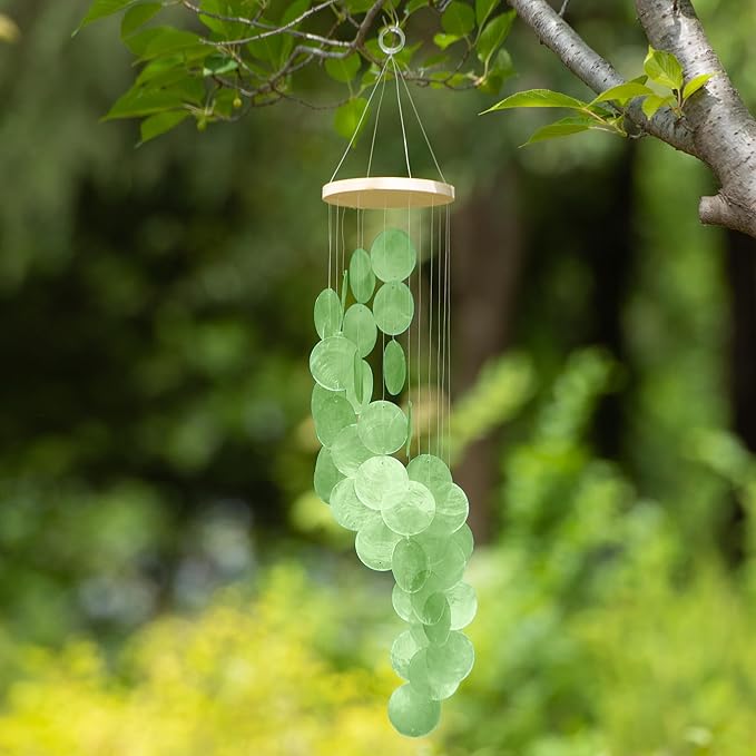 Green Gradient Spiral Shape Capiz Shells Windchime,Shell Wind Chimes for Outside,Coastal Wind Chimes for Indoor/Outdoors,Seashell Wind Chimes,Best Hanging Decor for Balconies,Garden,Yard,Beach