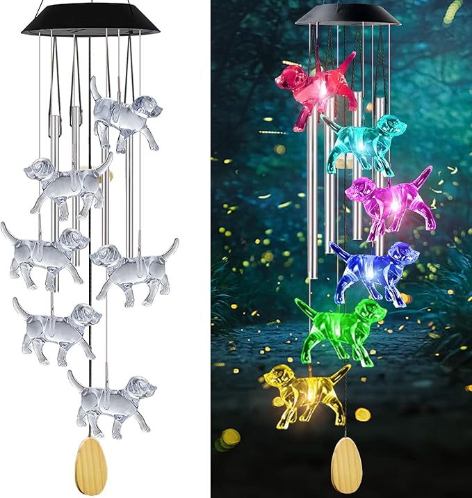 Dog Solar Wind Chimes with 4 Music Aluminum Tubes, Wind Chimes of Outside, 7 Colors Changing Outdoor Waterproof Crystal Dog LED Wind Bell, Home Party Yard Garden Decor