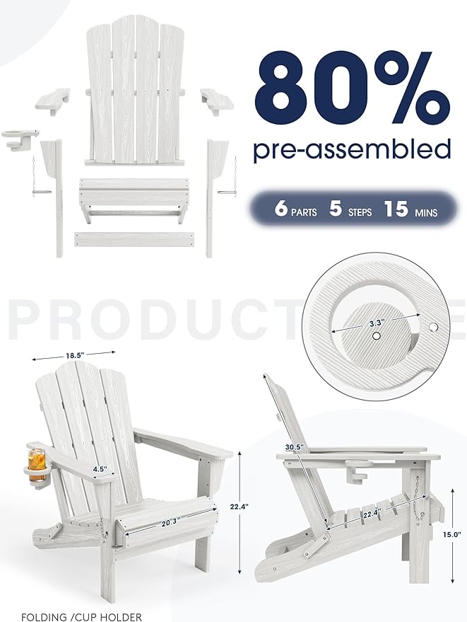 KINGYES Folding Adirondack Chair Set of 6, HDPE All-Weather Patio Chairs with Cup Holder, Wooden Textured Fire Pit Chairs for Poolside, Backyard, Deck, White