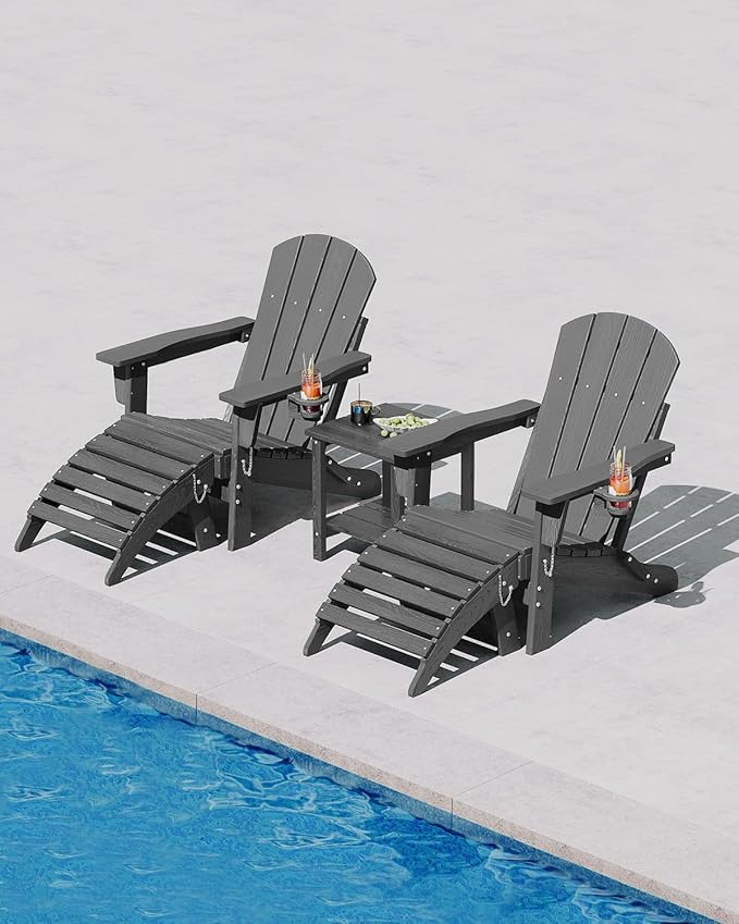 Folding Adirondack Chair Set of 5, All-Weather HDPE Outdoor Chair, Wooden Textured with Cup Holder for patios, Decks, Gardens, fire pits, Grey