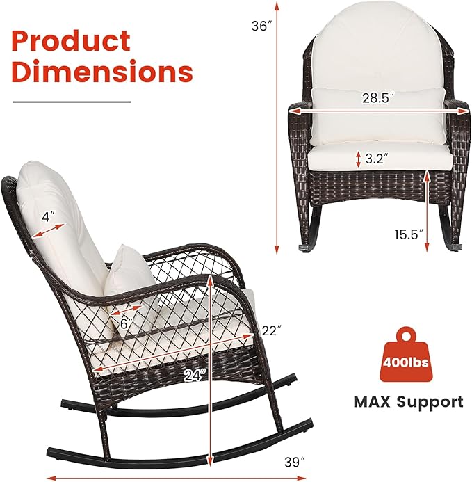 MEDIMALL Outdoor Wicker Rocking Chair, Patio Rattan Rocker w/Lumbar Pillow, Padded Seat & Back Cushions, Metal Frame, Mix Brown Wicker Furniture for Balcony, Porch, Deck, Backyard (Off White)