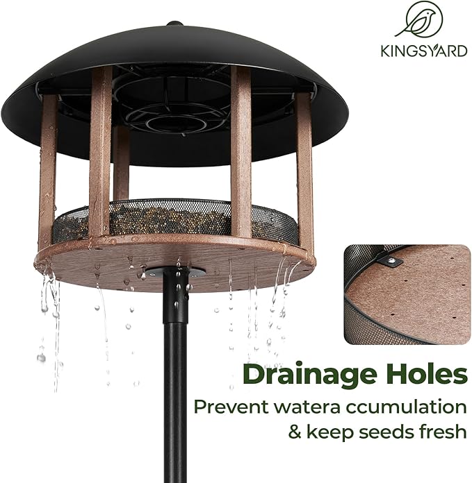 Kingsyard Large Platform Bird Feeder for Outside, Tray Bird Feeder with Weather Protective Dome & Universal Pole Kit, 5 lbs Seed Capacity, Brown