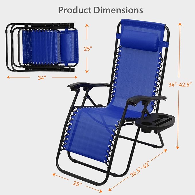 Zero Gravity Chairs, Portable Folding Reclining Lounge Chairs with Adjustable Pillow and Cup Holder Trays for Outdoor, Patio, Beach, Camping, Garden, Poolside, Royal Blue