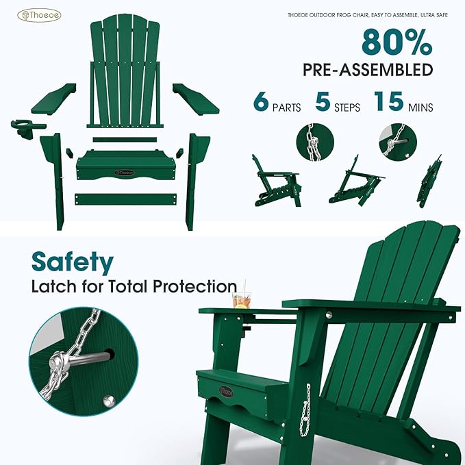 Folding Adirondack Chair Set of 4,HDPE All-Weather Outdoor Chair with Cup Holder,Wooden Textured,Fire Pit Chair,Plastic Patio Chair for Deck,Backyard,Garden,Lawn(Green)