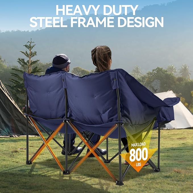Double Camping Chairs Padded Loveseat Chair for 2 Person - Heavy Duty Oversized Camping Couch for Adults Outdoor Lawn Beach - Portable Folding Sofa with Cup Holders and Carry Bag, Navy Blue