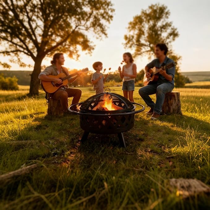 OLIXIS 36 Inch Wood Burning Fire Pit, Round Fire Pits for Outside with Spark Cover Fire Poker, Outdoor Firepit for Patio, Backyard, Garden, Bonfire Party, Black