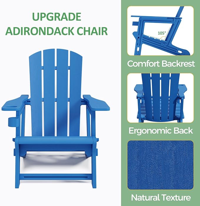 Adirondack Chairs Set of 2, Plastic Outdoor Adirondack Chair with Cup Holder, 400 LBS Capacity Recliner Chair Garden Chair for Patio Backyard Lawn Beach, Klein Blue
