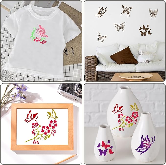 6 PCS Butterfly Stencil Reusable Flying Butterfly Template Plastic Nature Floral Stencils for Painting on Wood Walls Fabric Furniture Floors Home Decor DIY Craft Wood Sign 11.8 x 6.3 Inch