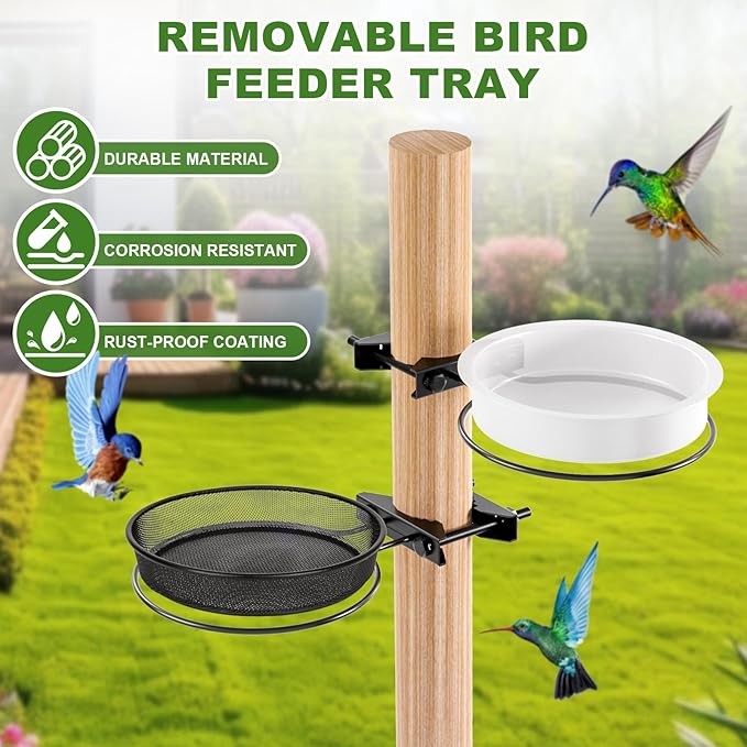 Bird Feeder for Railing Pole, Bird Feeding Station with Metal Mesh Food Tray and Water Bowls Adjustable 2.7" Pole Hummingbird Feeders for Outside Birdbaths Birdfeeder Fences Deck