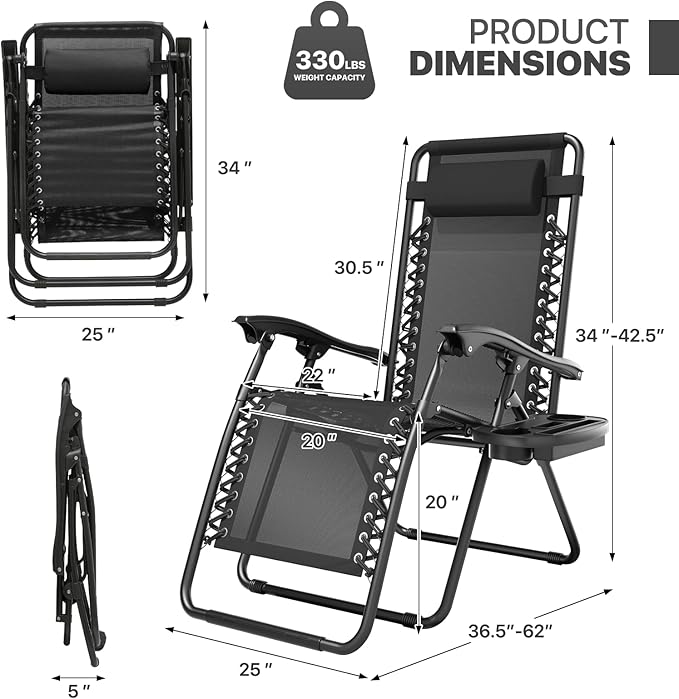 Magshion Zero Gravity Lounge Chair, Adjustable Folding Recliner with Cup Holder Side Tray & Removable Headrest Pillow, Portable Outdoor Patio Lounger for Camping, Beach, Lawn, Backyard, Black