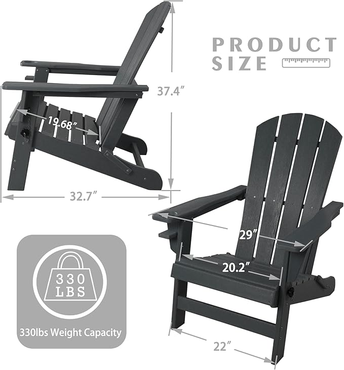 Kozyard Folding Adirondack Chair, Patio Outdoor Chairs, HDPE Plastic Resin Deck Chair, Painted Weather Resistant, for Deck, Garden, Backyard & Lawn Furniture, Fire Pit, Porch Seating (Gray)