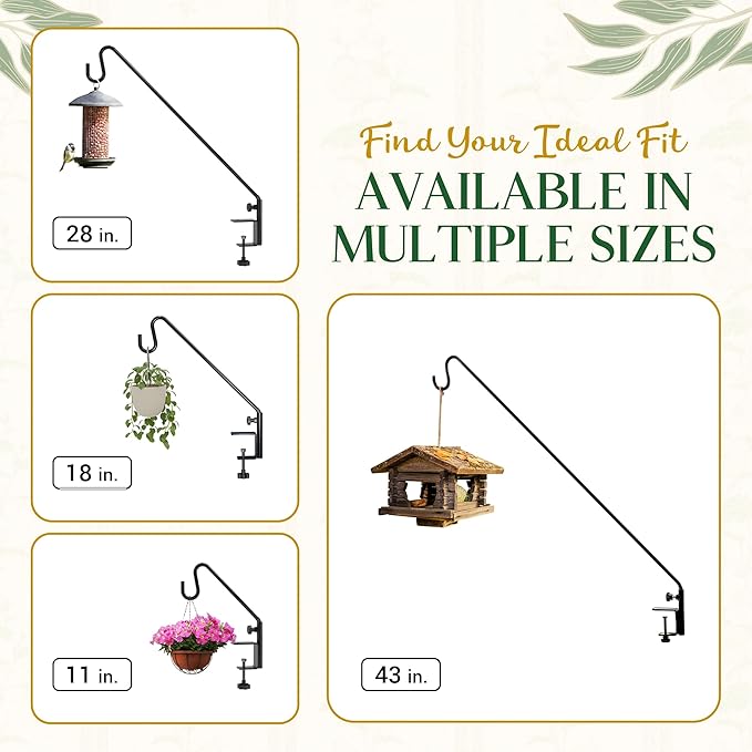 Idzo Deck Bird Feeder Hanger for Railing, 11inch Deck Hook for Bird Feeder Pole, Durable 3 Layers Powder Coated & Sturdy 1 Piece Solid Steel Construction for Hanging Decorations, 2 Pack