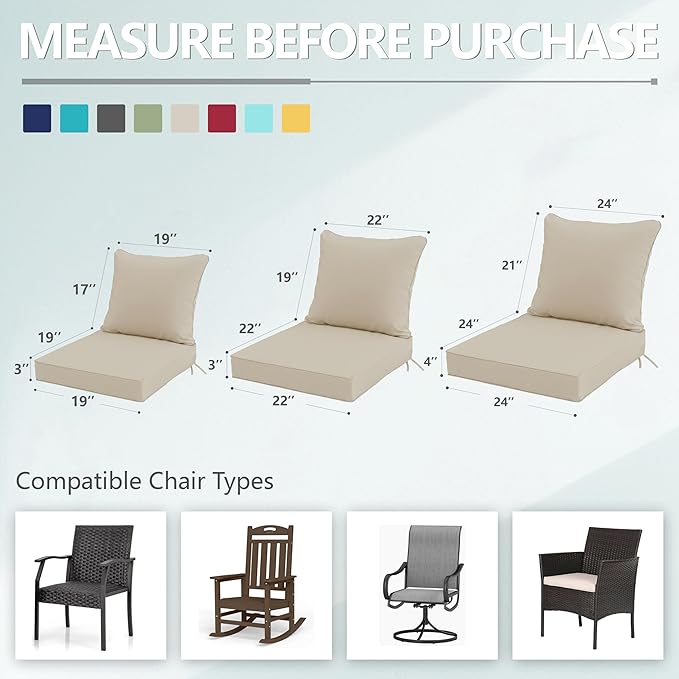 19x19 Inch Patio Chair Cushions Set of 4, Outdoor Furniture Cushions - Removable Cover, Water-Repellent, Fade-Resistant, Non-Slip Bottom & Straps, Replacement for Lawn, Porch & Deck Chair - Cream