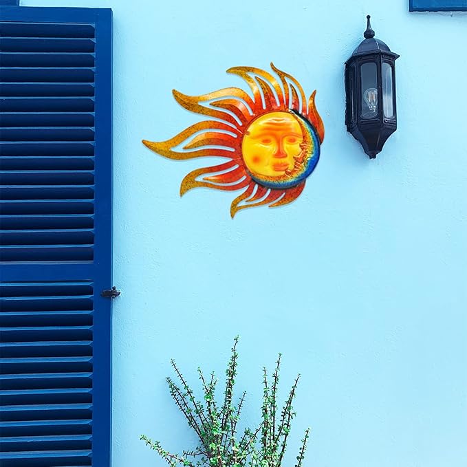 Sun Metal Wall Art Outdoor Decor Sun Moon Face Wall Decor Rust Proof Large Metal Sun(18Inch) Hanging Patio Living Room Bedroom Garden Fence
