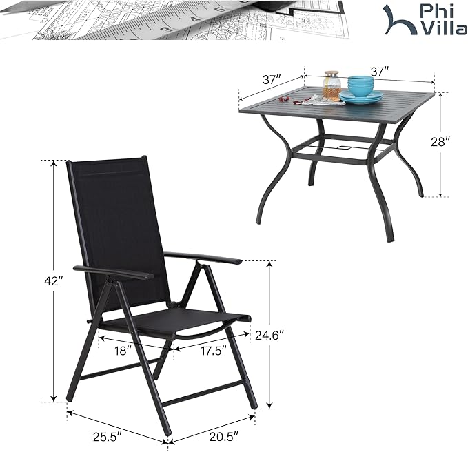 PHI VILLA 5 Pcs Patio Dining Set with Patio Table and Chairs, Outdoor Dining Set for 4 with Adjustable Patio Folding Chairs & Square Patio Dining Table with 1.57" Umbrella Hole, Black