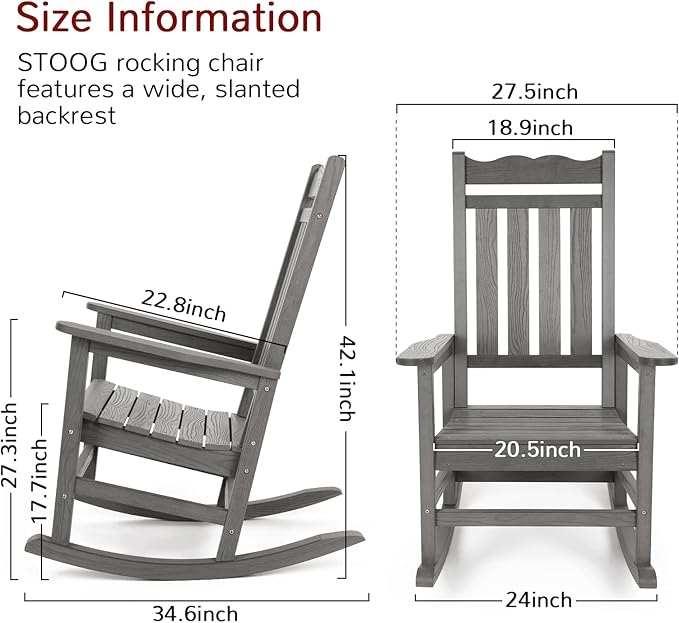 Stoog Outdoor & Indoor Rocking Chairs Set of 2, All-Weather Porch Rocker with High Back, 400 lbs Support Front Porch Rocker Chairs, Easy to Maintain, Grey