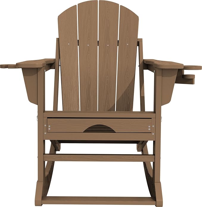 KINGYES Adirondack Rocking Chair Set of 4 with Retractable Ottoman and Cup Holders, HDPE Adirondack Rocker Patio Rocking Chair for Porch, Patio, Balcony, Brown
