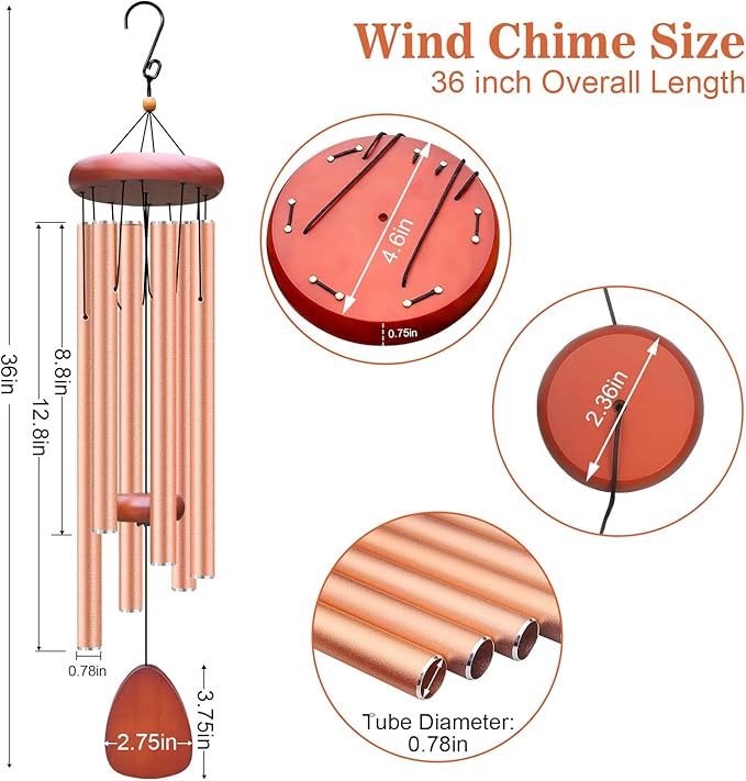 Large Aluminium Wind Chimes Outside, Soothing Melodic Memorial Sympathy Wind Chime, Suitable Outdoor Garden Decor, Gift for Mom Women Neighbors (Rose Gold Wind Chime-36“)