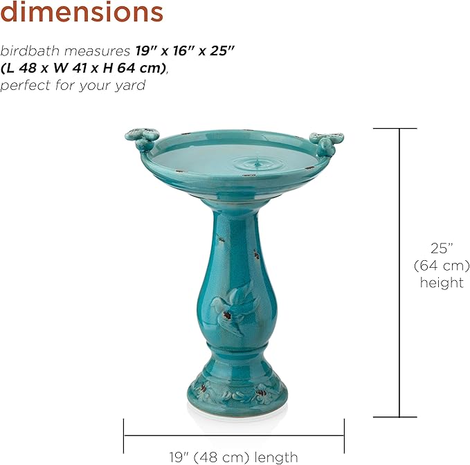 Alpine Corporation 25" Tall Outdoor Ceramic Antique Pedestal Birdbath with 2 Bird Figurines, Turquoise