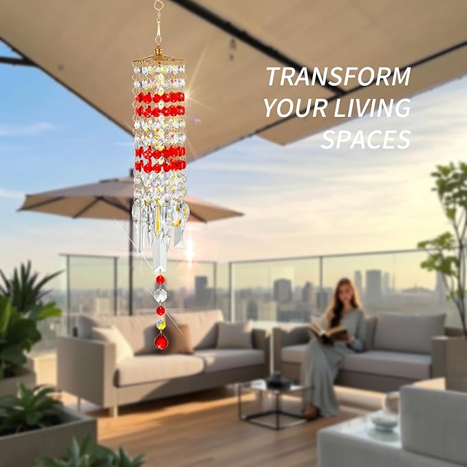 Crystal Wind Chimes for Outside with Rainbow Light Reflections Glass Bells and Rose Gold Alloy Hooks Indoor Outdoor Decor for Home Garden Patio Porch Birthday House Warming (Red)