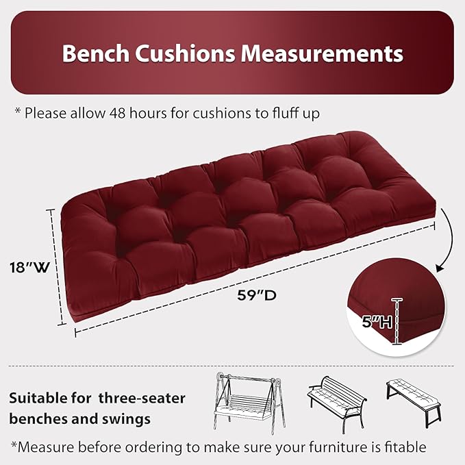 Tufted Bench Cushions for Outdoor Furniture, 59" x 18" Porch Swing Cushions Filled with Foam, Overstuffed Patio Cushions for Bench Loveseat with 2-3 Seats,Thick and Water Resistant, Burgundy