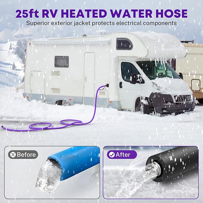 Kohree 25FT Heated Water Hose for RV, -40 ℉ Heated Drinking Water Hose 5/8", Heavy Duty Heated Hose for RV, Camper, Truck, Leak Free, Abrasion-Resistant Cover, Energy Saving Thermostat, Purple