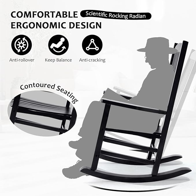 Wooden Rocking Chair Outdoor Oversized Porch Rocker Chair,Patio Wooden Rocker with High Back and Armrest,All Weather Rocker Slatted for Backyard,Garden,400 lbs Support,Black
