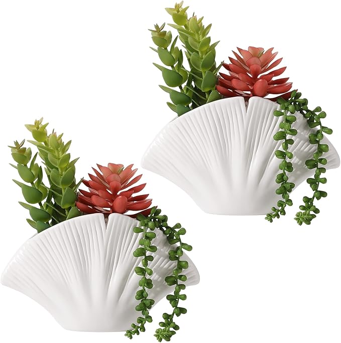 Lewondr Fake Plants, 2 PCS Artificial Plants with Sea Shell Pots, Assorted Fake Succulents in Coastal Beach Decor, Artificial Greenery Ocean Seashell Series for Home Office Bedroom Beach Theme Party