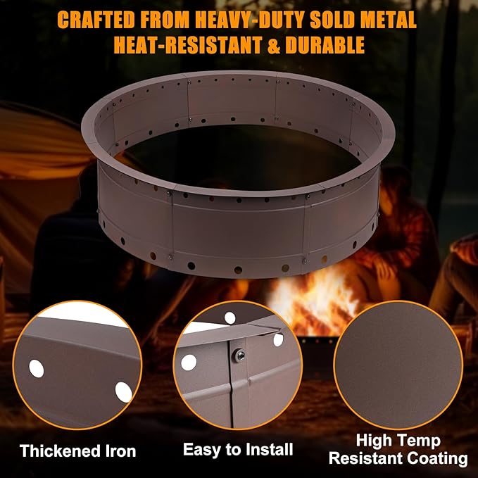 36 Inch Fire Pit Ring, Large Outdoor Campfire Pit for Patio Backyard Garden, Smokeless Steel Firepit with Air Vent for Efficient Burning & Anti-Rust Coating, Brown Steel