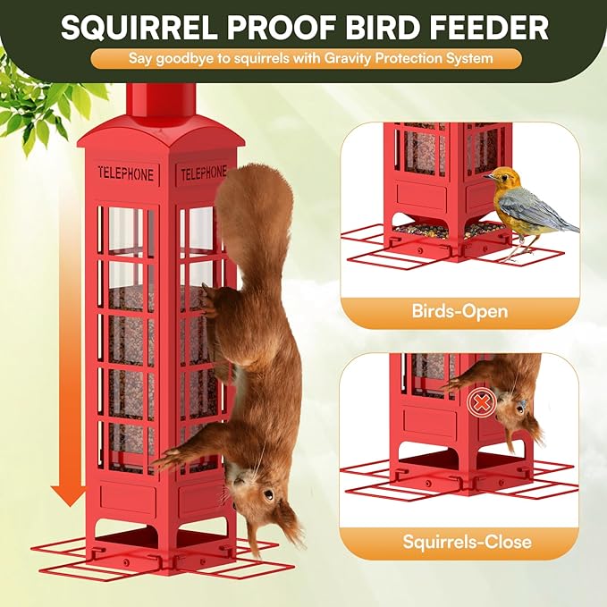 Squirrel Proof Bird Feeder,Weight Activated Outside Hanging Metal Mesh Wild Bird Feeder, 3LB Large Capacity Red Birdfeeders for Cardinals, Finches, Blue Jays, Chickadees