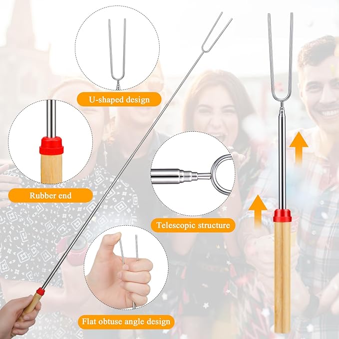 24 Sets S'mores Sticks Kit Extendable Roasting Cotton Candy Sticks for Fire Pit Camp Bachelorette Decorations One Happy Camper Birthday Party Favor for Wedding Camping Campfire Bonfire Supplies