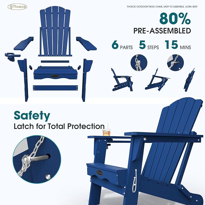 Folding Adirondack Chair Set of 8,HDPE All-Weather Outdoor Chair with Cup Holder,Wooden Textured,Fire Pit Chair,Plastic Patio Chair for Deck,Backyard,Garden,Lawn(Navy Blue)