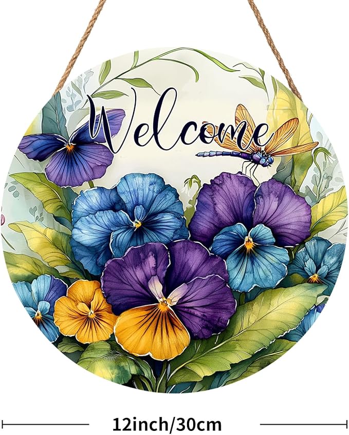 Welcome Spring Blue Purple Flowers Door Sign For Front Door Decor,Pansy Dragonfly Wooden Sign 12"x 12" Round Spring Summer Seasonal Vintage Hanging Door Sign Decoration for Wall Rustic Decor